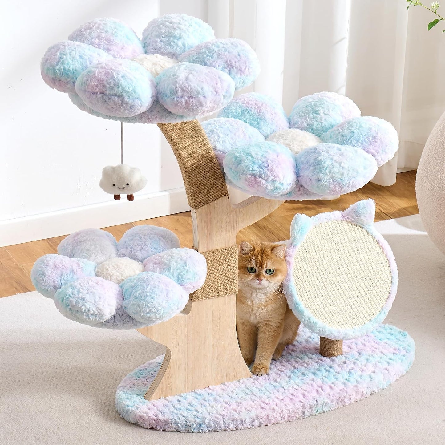 Modern Cat Tree Tower for Indoor Cats Large Adult, 37 inch Brown Flower Cat Tree with Scratching Post, Luxury Aesthetic Cat Tree with Cloud-Soft Flower Perches and Physical Mouse-Sound Hanging Toy