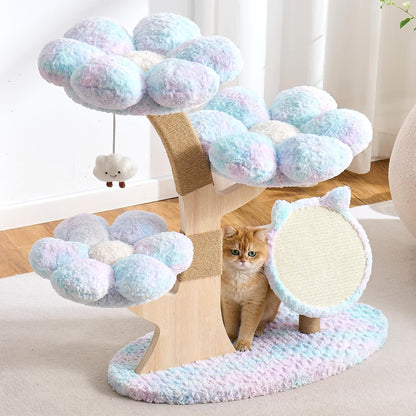 Modern Cat Tree Tower for Indoor Cats Large Adult, 37 inch Brown Flower Cat Tree with Scratching Post, Luxury Aesthetic Cat Tree with Cloud-Soft Flower Perches and Physical Mouse-Sound Hanging Toy