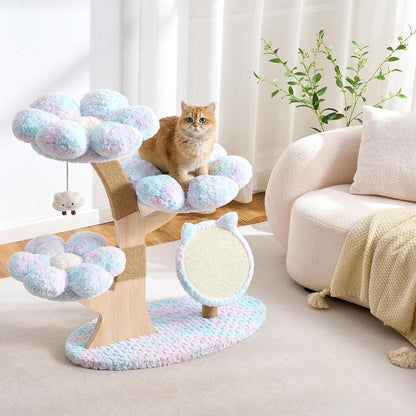 Modern Cat Tree Tower for Indoor Cats Large Adult, 37 inch Brown Flower Cat Tree with Scratching Post, Luxury Aesthetic Cat Tree with Cloud-Soft Flower Perches and Physical Mouse-Sound Hanging Toy