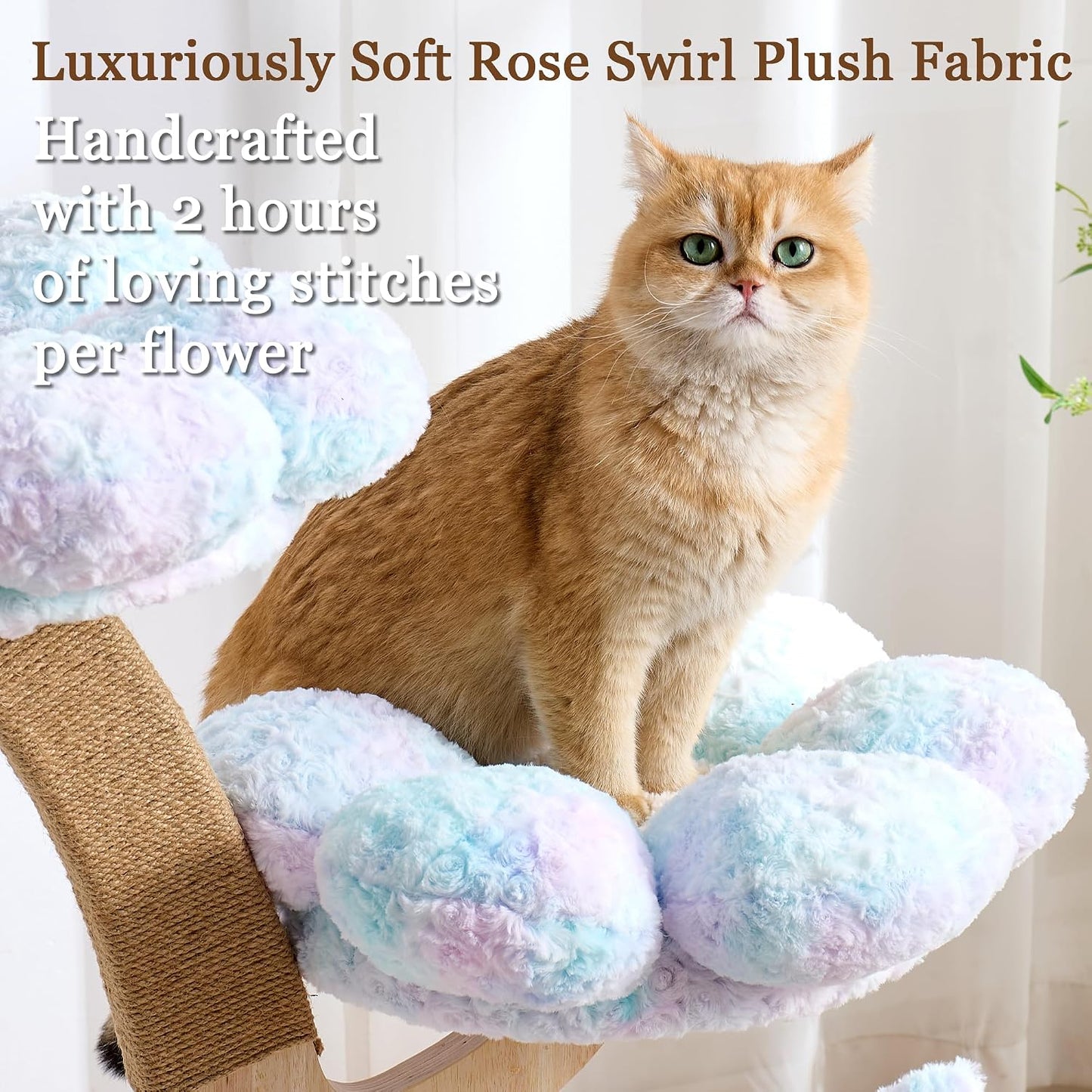 Modern Cat Tree Tower for Indoor Cats Large Adult, 37 inch Brown Flower Cat Tree with Scratching Post, Luxury Aesthetic Cat Tree with Cloud-Soft Flower Perches and Physical Mouse-Sound Hanging Toy