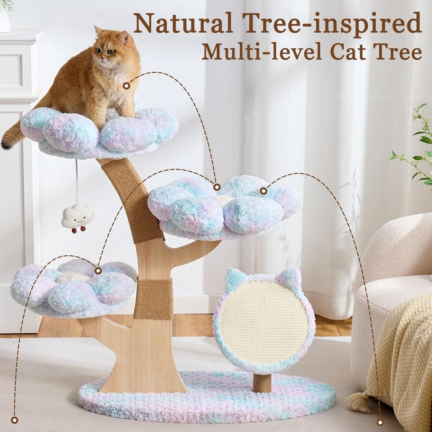 Modern Cat Tree Tower for Indoor Cats Large Adult, 37 inch Brown Flower Cat Tree with Scratching Post, Luxury Aesthetic Cat Tree with Cloud-Soft Flower Perches and Physical Mouse-Sound Hanging Toy