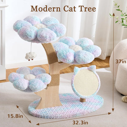 Modern Cat Tree Tower for Indoor Cats Large Adult, 37 inch Brown Flower Cat Tree with Scratching Post, Luxury Aesthetic Cat Tree with Cloud-Soft Flower Perches and Physical Mouse-Sound Hanging Toy