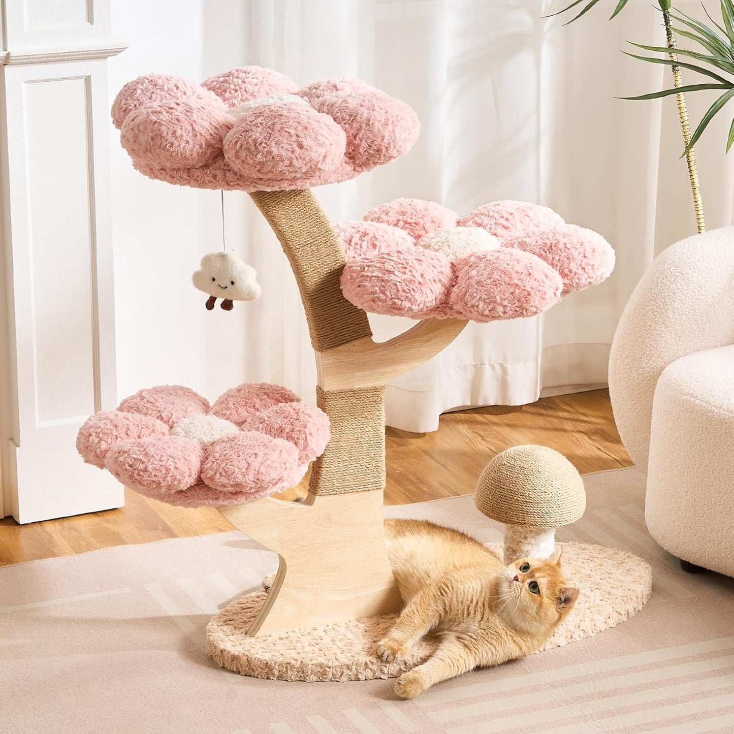 Modern Cat Tree Tower for Indoor Cats Large Adult, 37 inch Brown Flower Cat Tree with Scratching Post, Luxury Aesthetic Cat Tree with Cloud-Soft Flower Perches and Physical Mouse-Sound Hanging Toy