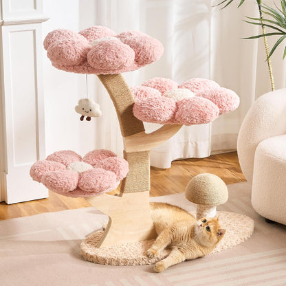 Modern Cat Tree Tower for Indoor Cats Large Adult, 37 inch Brown Flower Cat Tree with Scratching Post, Luxury Aesthetic Cat Tree with Cloud-Soft Flower Perches and Physical Mouse-Sound Hanging Toy
