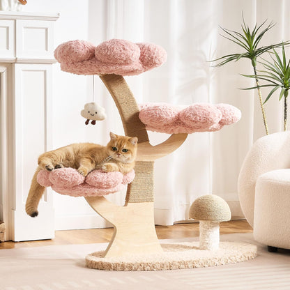 Modern Cat Tree Tower for Indoor Cats Large Adult, 37 inch Brown Flower Cat Tree with Scratching Post, Luxury Aesthetic Cat Tree with Cloud-Soft Flower Perches and Physical Mouse-Sound Hanging Toy