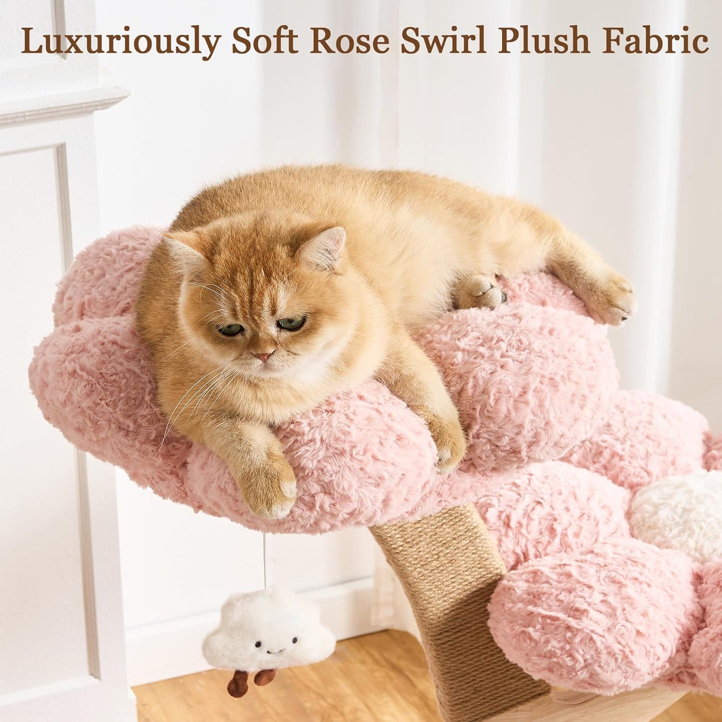 Modern Cat Tree Tower for Indoor Cats Large Adult, 37 inch Brown Flower Cat Tree with Scratching Post, Luxury Aesthetic Cat Tree with Cloud-Soft Flower Perches and Physical Mouse-Sound Hanging Toy
