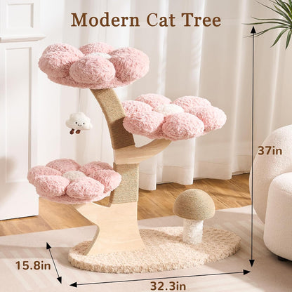 Modern Cat Tree Tower for Indoor Cats Large Adult, 37 inch Brown Flower Cat Tree with Scratching Post, Luxury Aesthetic Cat Tree with Cloud-Soft Flower Perches and Physical Mouse-Sound Hanging Toy
