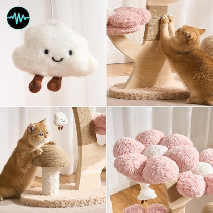 Modern Cat Tree Tower for Indoor Cats Large Adult, 37 inch Brown Flower Cat Tree with Scratching Post, Luxury Aesthetic Cat Tree with Cloud-Soft Flower Perches and Physical Mouse-Sound Hanging Toy