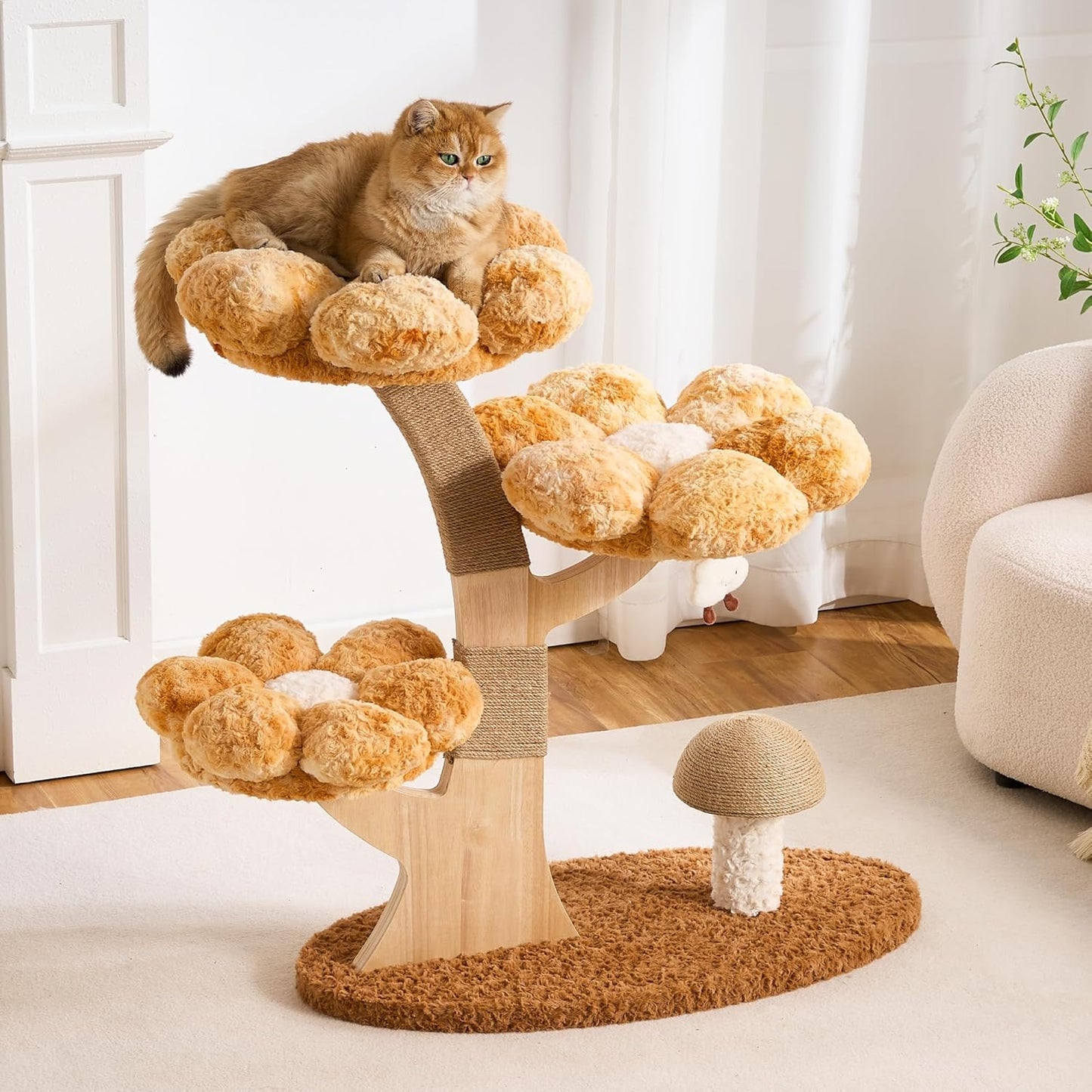 Modern Cat Tree Tower for Indoor Cats Large Adult, 37 inch Brown Flower Cat Tree with Scratching Post, Luxury Aesthetic Cat Tree with Cloud-Soft Flower Perches and Physical Mouse-Sound Hanging Toy