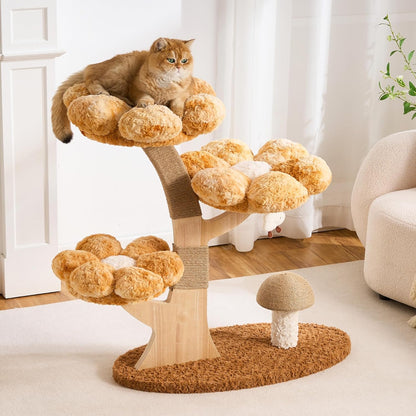 Modern Cat Tree Tower for Indoor Cats Large Adult, 37 inch Brown Flower Cat Tree with Scratching Post, Luxury Aesthetic Cat Tree with Cloud-Soft Flower Perches and Physical Mouse-Sound Hanging Toy