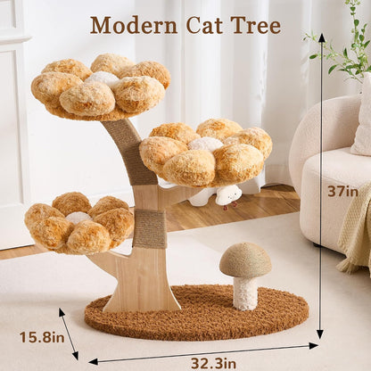 Modern Cat Tree Tower for Indoor Cats Large Adult, 37 inch Brown Flower Cat Tree with Scratching Post, Luxury Aesthetic Cat Tree with Cloud-Soft Flower Perches and Physical Mouse-Sound Hanging Toy