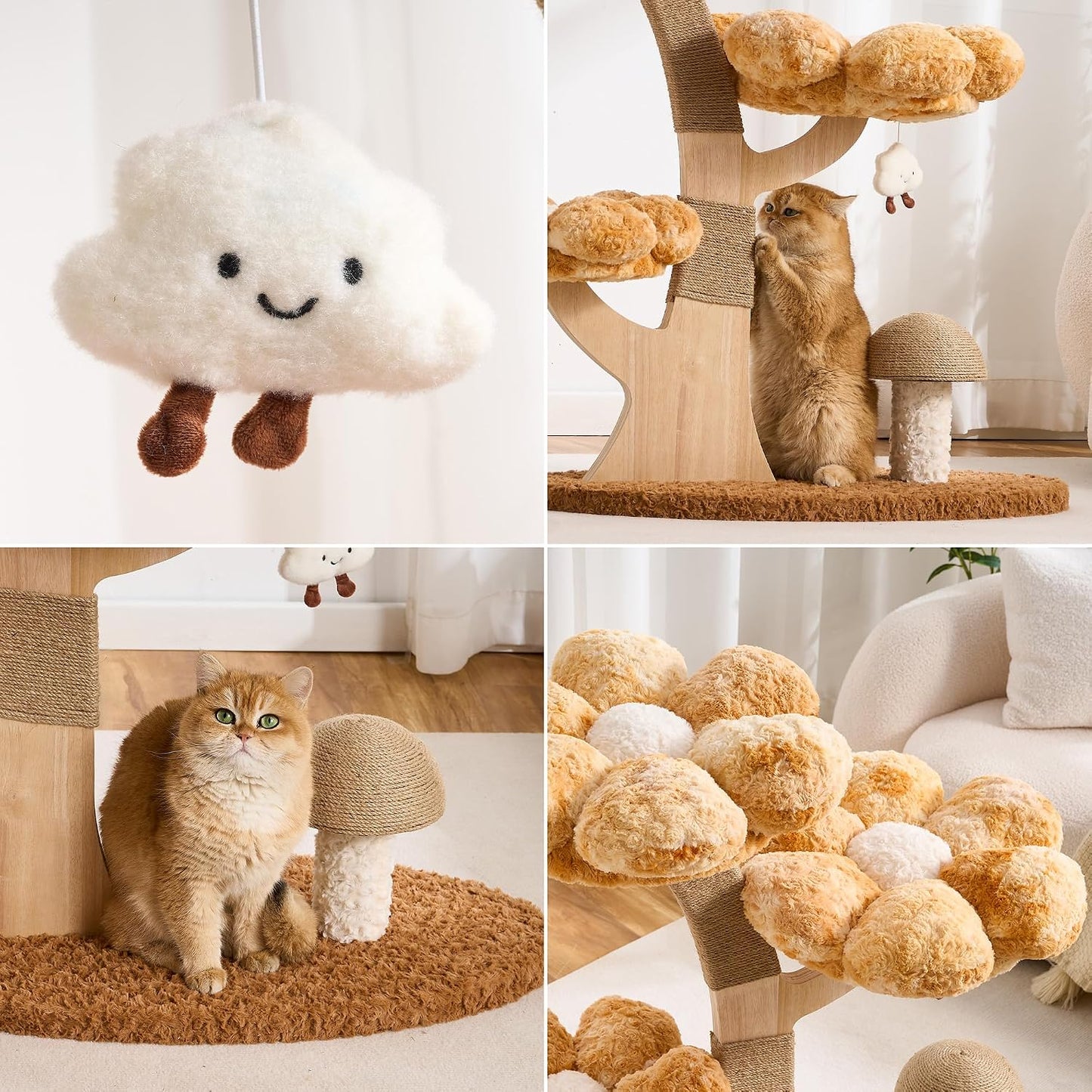 Modern Cat Tree Tower for Indoor Cats Large Adult, 37 inch Brown Flower Cat Tree with Scratching Post, Luxury Aesthetic Cat Tree with Cloud-Soft Flower Perches and Physical Mouse-Sound Hanging Toy