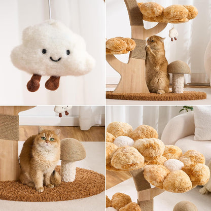 Modern Cat Tree Tower for Indoor Cats Large Adult, 37 inch Brown Flower Cat Tree with Scratching Post, Luxury Aesthetic Cat Tree with Cloud-Soft Flower Perches and Physical Mouse-Sound Hanging Toy