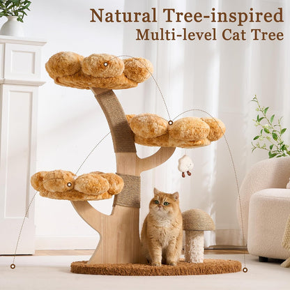 Modern Cat Tree Tower for Indoor Cats Large Adult, 37 inch Brown Flower Cat Tree with Scratching Post, Luxury Aesthetic Cat Tree with Cloud-Soft Flower Perches and Physical Mouse-Sound Hanging Toy