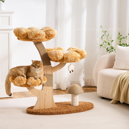 Modern Cat Tree Tower for Indoor Cats Large Adult, 37 inch Brown Flower Cat Tree with Scratching Post, Luxury Aesthetic Cat Tree with Cloud-Soft Flower Perches and Physical Mouse-Sound Hanging Toy