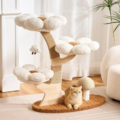 Modern Cat Tree Tower for Indoor Cats Large Adult, 37 inch Brown Flower Cat Tree with Scratching Post, Luxury Aesthetic Cat Tree with Cloud-Soft Flower Perches and Physical Mouse-Sound Hanging Toy