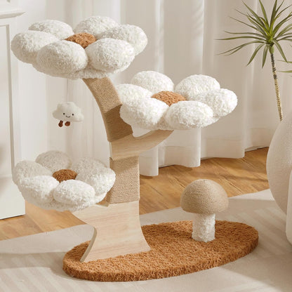 Modern Cat Tree Tower for Indoor Cats Large Adult, 37 inch Brown Flower Cat Tree with Scratching Post, Luxury Aesthetic Cat Tree with Cloud-Soft Flower Perches and Physical Mouse-Sound Hanging Toy