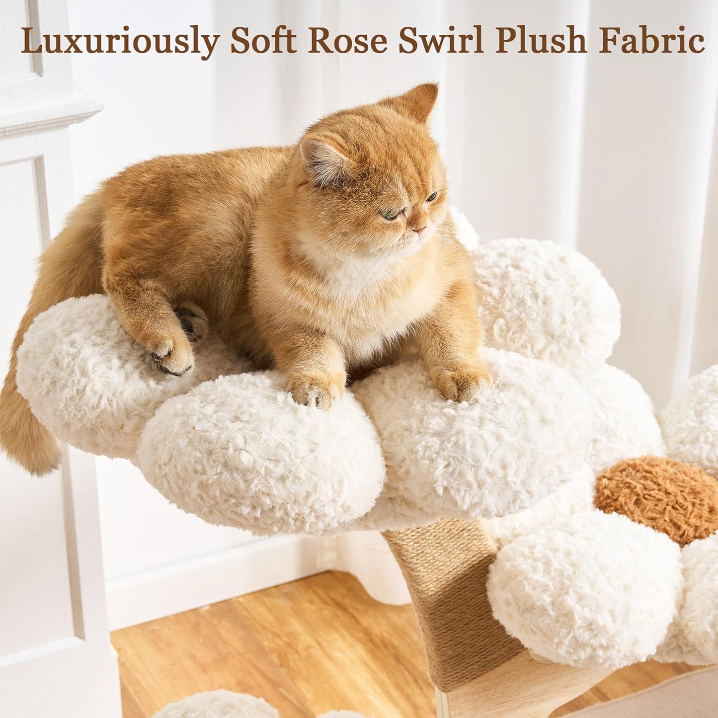 Modern Cat Tree Tower for Indoor Cats Large Adult, 37 inch Brown Flower Cat Tree with Scratching Post, Luxury Aesthetic Cat Tree with Cloud-Soft Flower Perches and Physical Mouse-Sound Hanging Toy