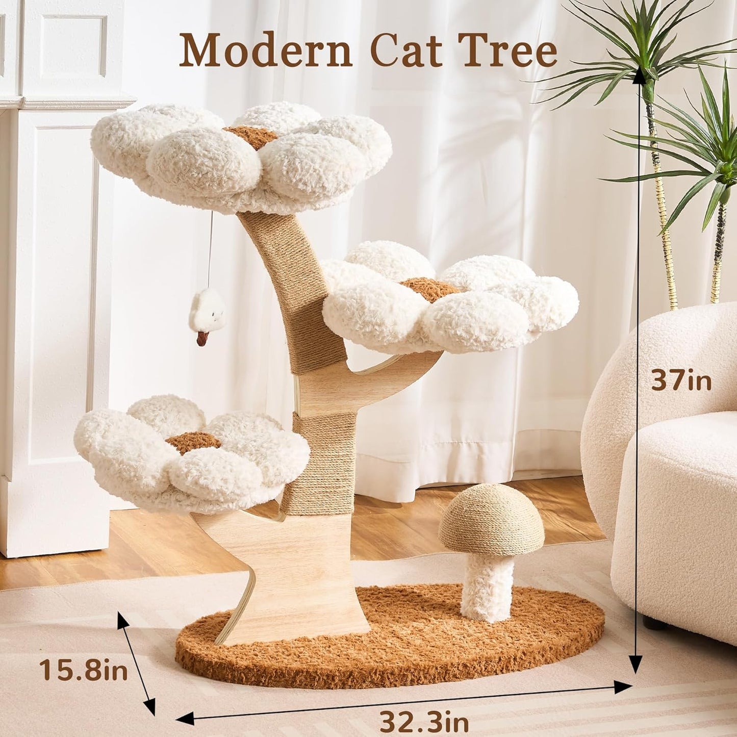 Modern Cat Tree Tower for Indoor Cats Large Adult, 37 inch Brown Flower Cat Tree with Scratching Post, Luxury Aesthetic Cat Tree with Cloud-Soft Flower Perches and Physical Mouse-Sound Hanging Toy