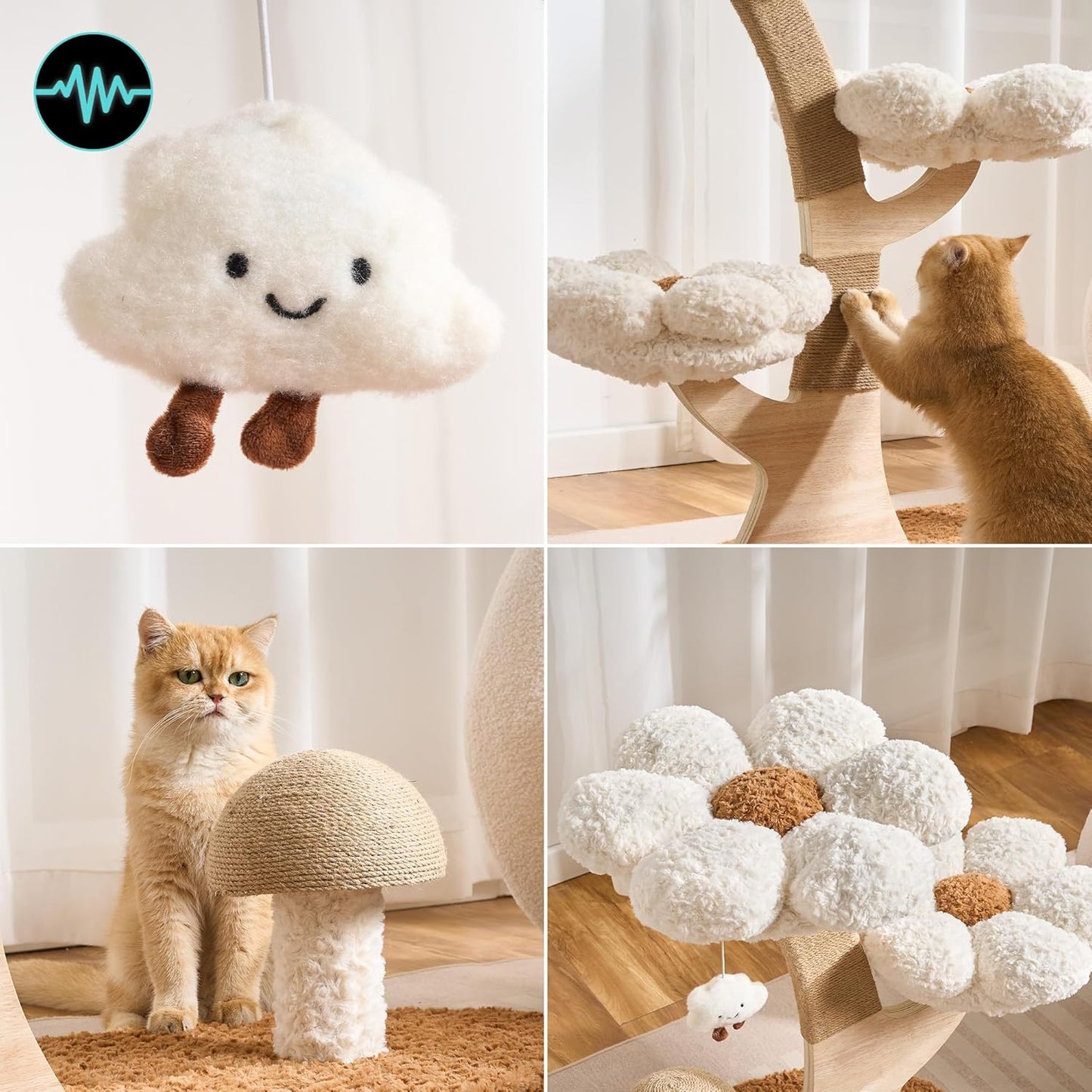 Modern Cat Tree Tower for Indoor Cats Large Adult, 37 inch Brown Flower Cat Tree with Scratching Post, Luxury Aesthetic Cat Tree with Cloud-Soft Flower Perches and Physical Mouse-Sound Hanging Toy