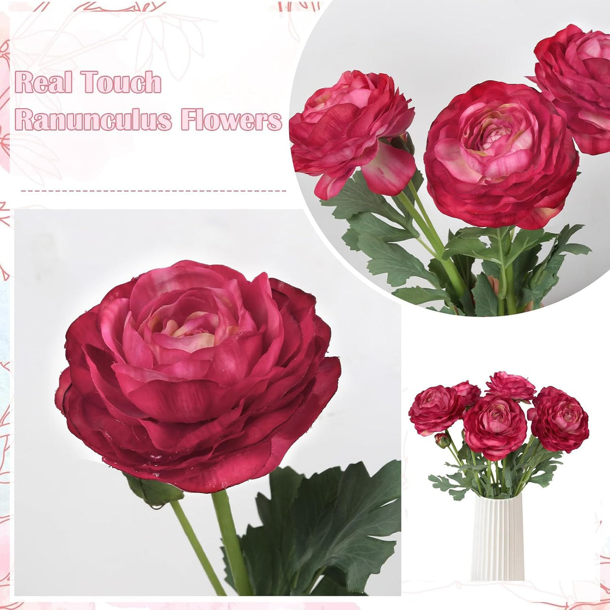 Ranunculus Artificial Flowers,6PCS Red Artificial Flowers Real Touch Faux Peony Flower Stems for DIY Wedding Bouquet Party Table Home Decor(Red)