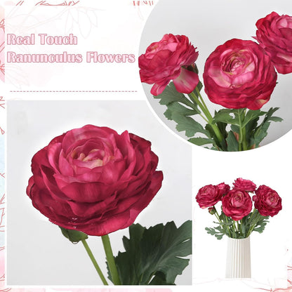 Ranunculus Artificial Flowers,6PCS Red Artificial Flowers Real Touch Faux Peony Flower Stems for DIY Wedding Bouquet Party Table Home Decor(Red)