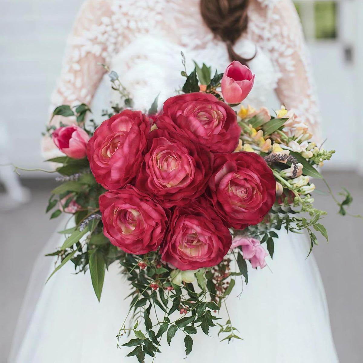 Ranunculus Artificial Flowers,6PCS Red Artificial Flowers Real Touch Faux Peony Flower Stems for DIY Wedding Bouquet Party Table Home Decor(Red)