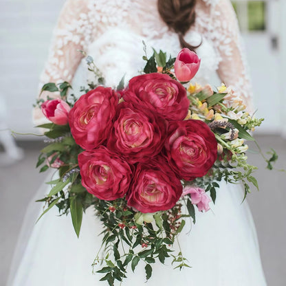 Ranunculus Artificial Flowers,6PCS Red Artificial Flowers Real Touch Faux Peony Flower Stems for DIY Wedding Bouquet Party Table Home Decor(Red)