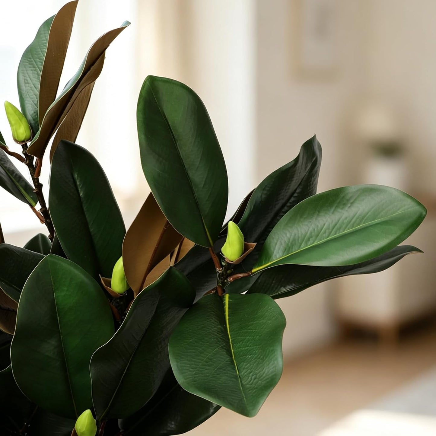 4 Pcs Magnolia Artificial Leaves Branches 22 Inch 3D Real Touch Faux Magnolia Stems Fake Magnolia Twigs for Indoor Outdoor Vase Filling Home Wedding Floral Arrangement Decoration