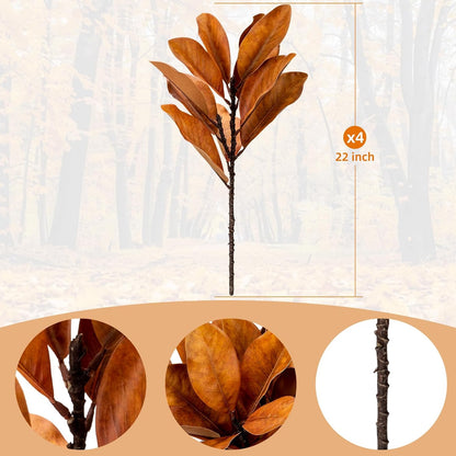 4 Pcs Magnolia Artificial Leaves Branches 22 Inch 3D Real Touch Faux Magnolia Stems Fake Magnolia Twigs for Indoor Outdoor Vase Filling Home Wedding Floral Arrangement Decoration