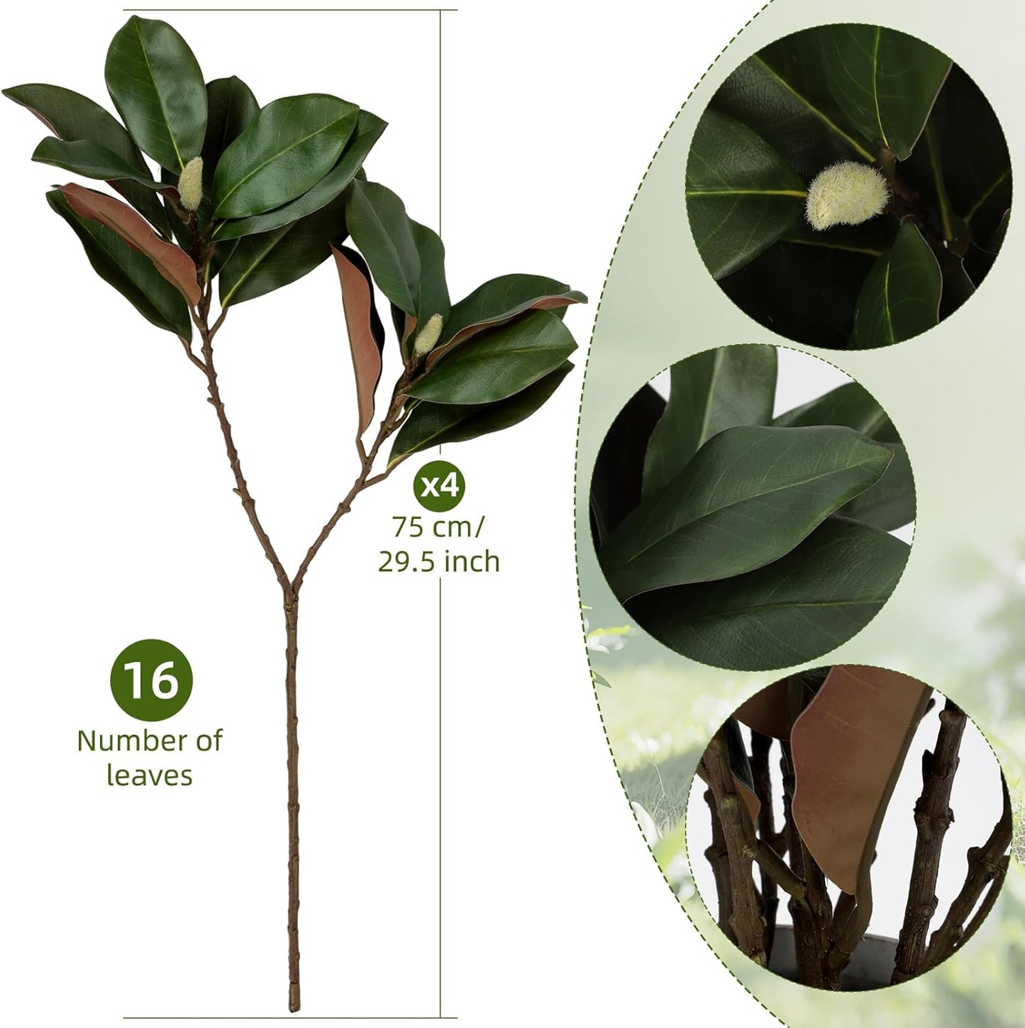 4 Pcs Magnolia Artificial Leaves Branches 22 Inch 3D Real Touch Faux Magnolia Stems Fake Magnolia Twigs for Indoor Outdoor Vase Filling Home Wedding Floral Arrangement Decoration