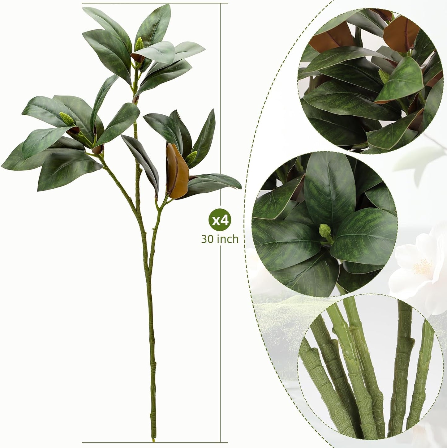 4 Pcs Magnolia Artificial Leaves Branches 22 Inch 3D Real Touch Faux Magnolia Stems Fake Magnolia Twigs for Indoor Outdoor Vase Filling Home Wedding Floral Arrangement Decoration