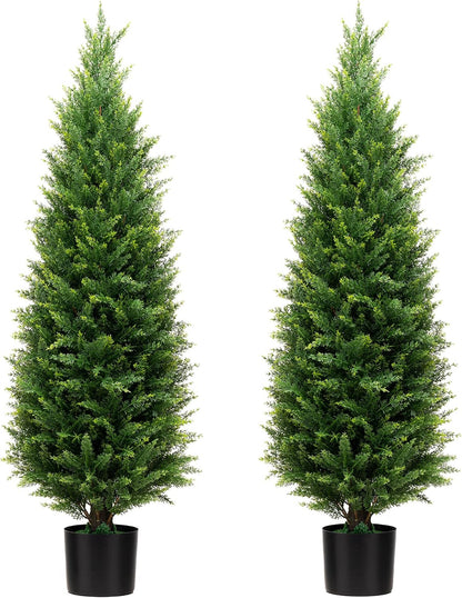 4FT Artificial Cedar Topiary Trees UV Resistant Potted Plant Set of 2 Faux Pine Trees Fake Shrubs Artificial Plants for Front Porch Garden Indoor Outdoor