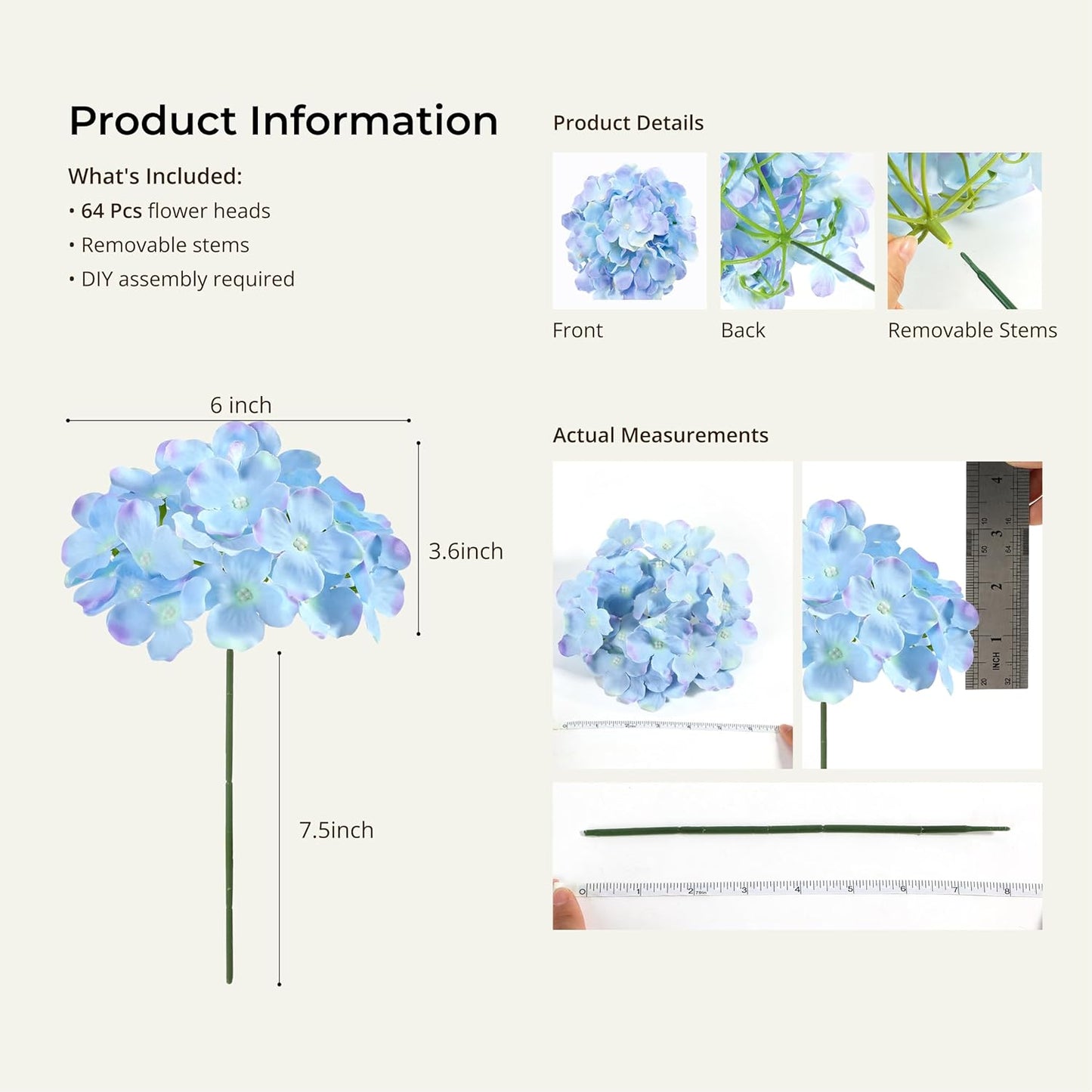 64 PCS Artificial Hydrangea Flowers, Silk Hydrangea Full Flowers Heads with Stems for Wedding Centerpieces, Home, Garden, Baby Shower, Party Decoration (Ivory)