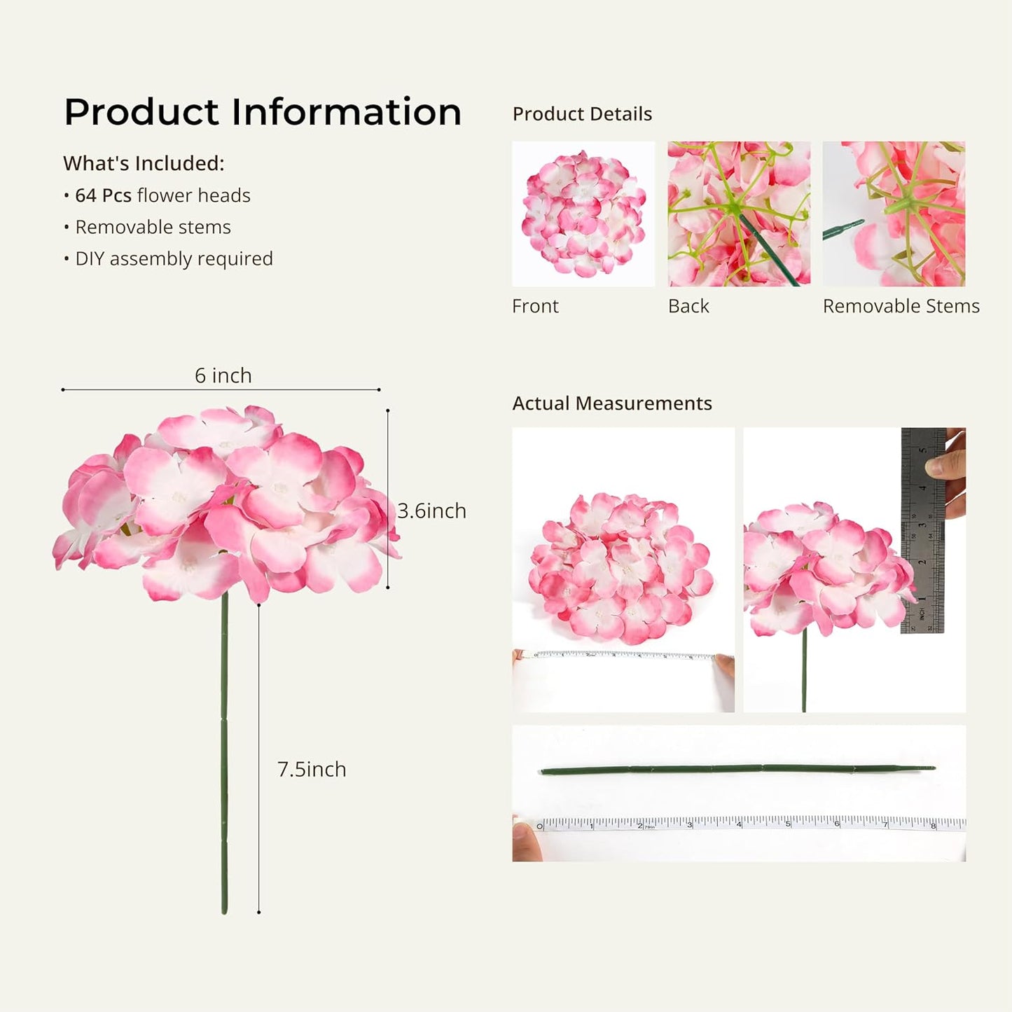 64 PCS Artificial Hydrangea Flowers, Silk Hydrangea Full Flowers Heads with Stems for Wedding Centerpieces, Home, Garden, Baby Shower, Party Decoration (Ivory)