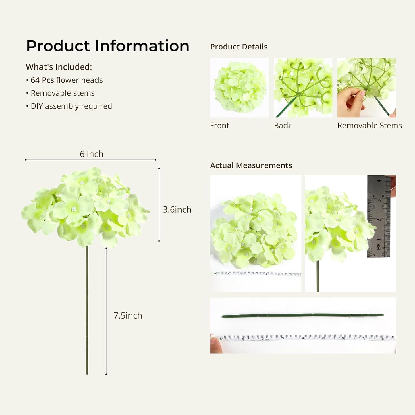 64 PCS Artificial Hydrangea Flowers, Silk Hydrangea Full Flowers Heads with Stems for Wedding Centerpieces, Home, Garden, Baby Shower, Party Decoration (Ivory)