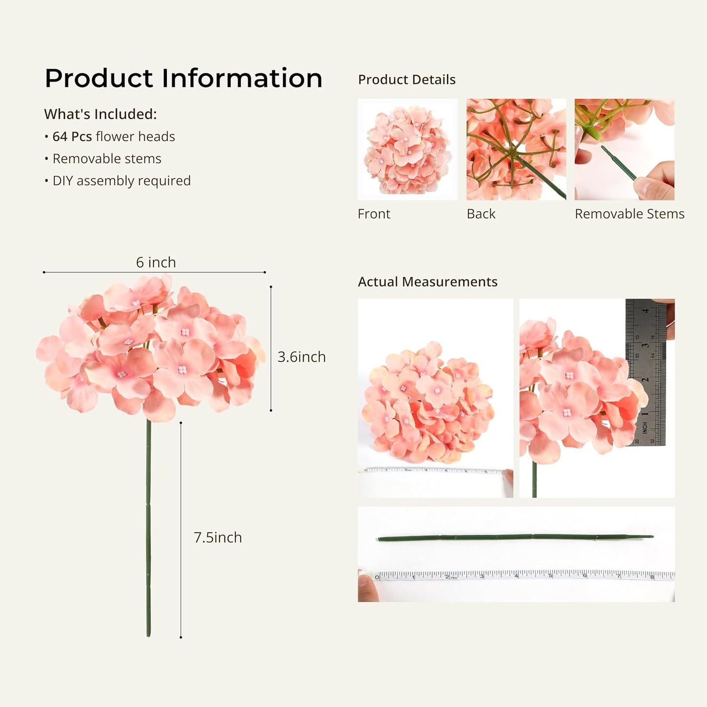 64 PCS Artificial Hydrangea Flowers, Silk Hydrangea Full Flowers Heads with Stems for Wedding Centerpieces, Home, Garden, Baby Shower, Party Decoration (Ivory)