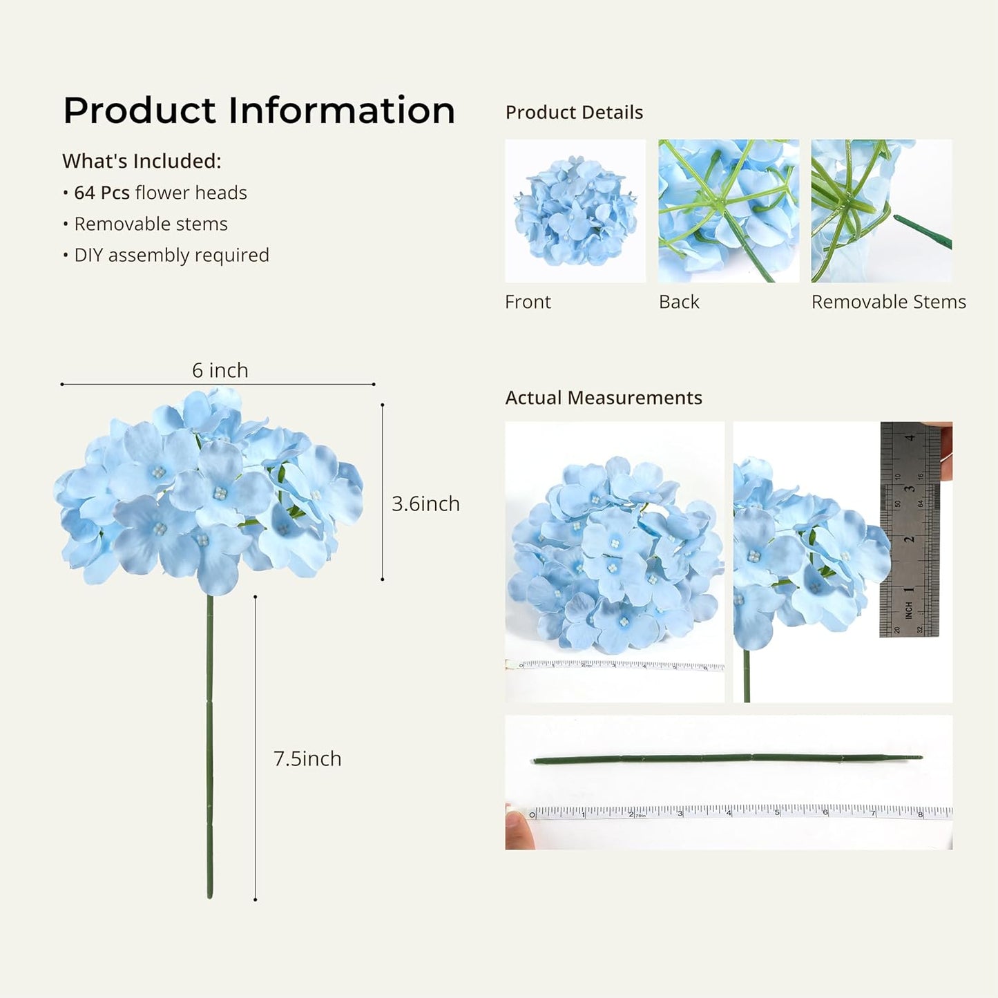 64 PCS Artificial Hydrangea Flowers, Silk Hydrangea Full Flowers Heads with Stems for Wedding Centerpieces, Home, Garden, Baby Shower, Party Decoration (Ivory)