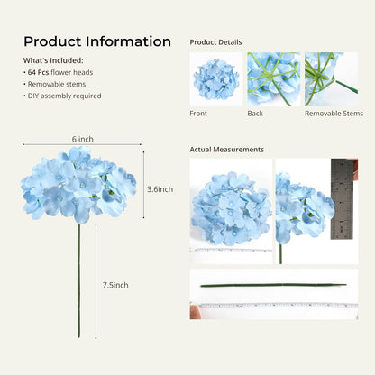 64 PCS Artificial Hydrangea Flowers, Silk Hydrangea Full Flowers Heads with Stems for Wedding Centerpieces, Home, Garden, Baby Shower, Party Decoration (Ivory)