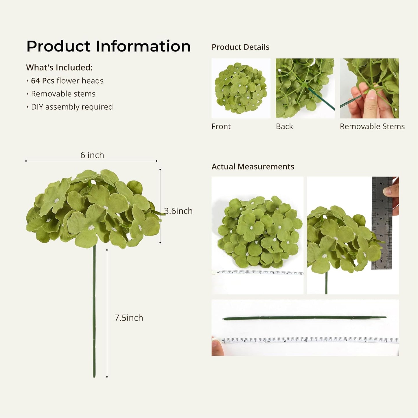 64 PCS Artificial Hydrangea Flowers, Silk Hydrangea Full Flowers Heads with Stems for Wedding Centerpieces, Home, Garden, Baby Shower, Party Decoration (Ivory)