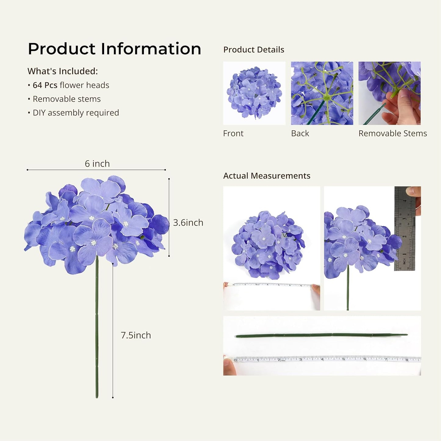 64 PCS Artificial Hydrangea Flowers, Silk Hydrangea Full Flowers Heads with Stems for Wedding Centerpieces, Home, Garden, Baby Shower, Party Decoration (Ivory)