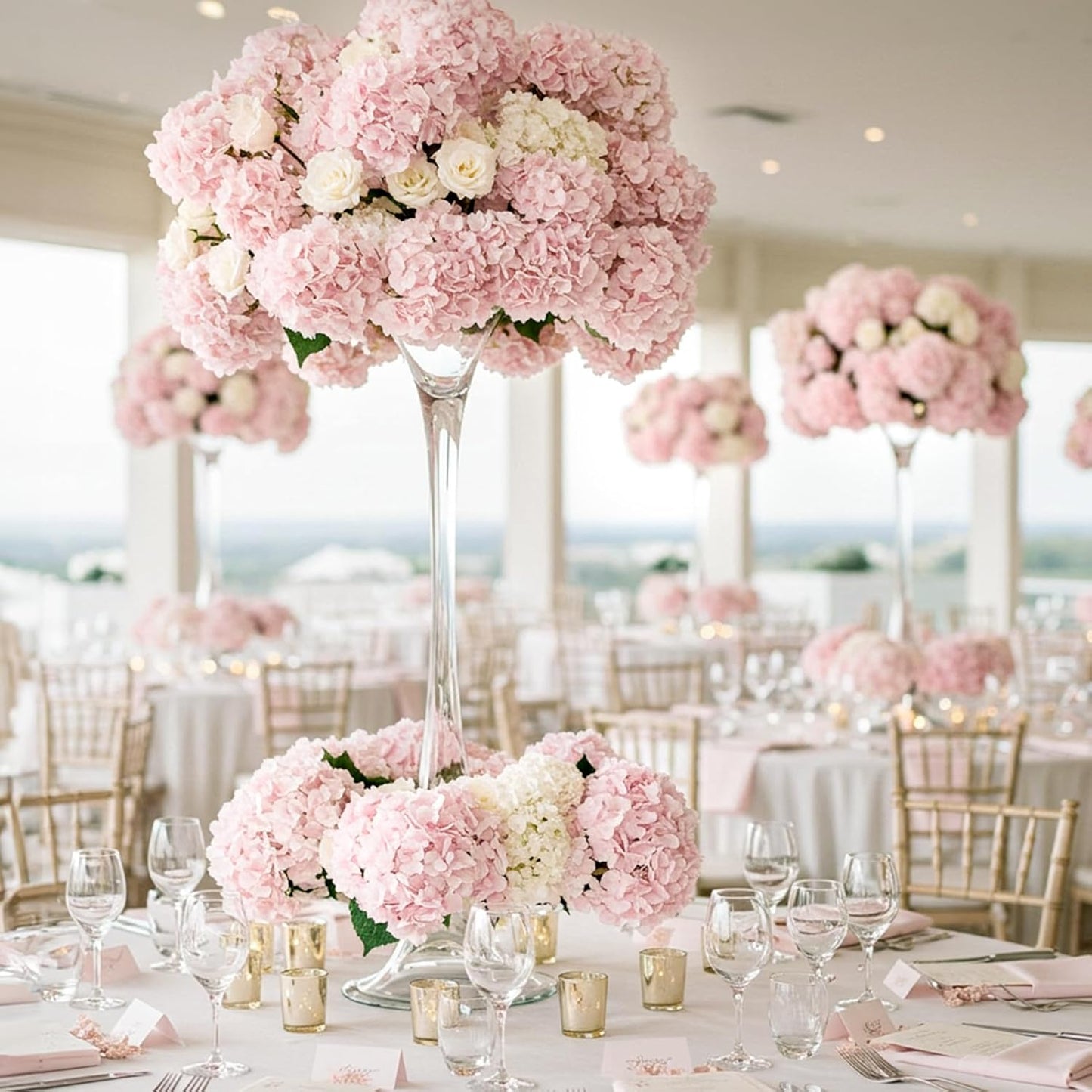 64 PCS Artificial Hydrangea Flowers, Silk Hydrangea Full Flowers Heads with Stems for Wedding Centerpieces, Home, Garden, Baby Shower, Party Decoration (Ivory)