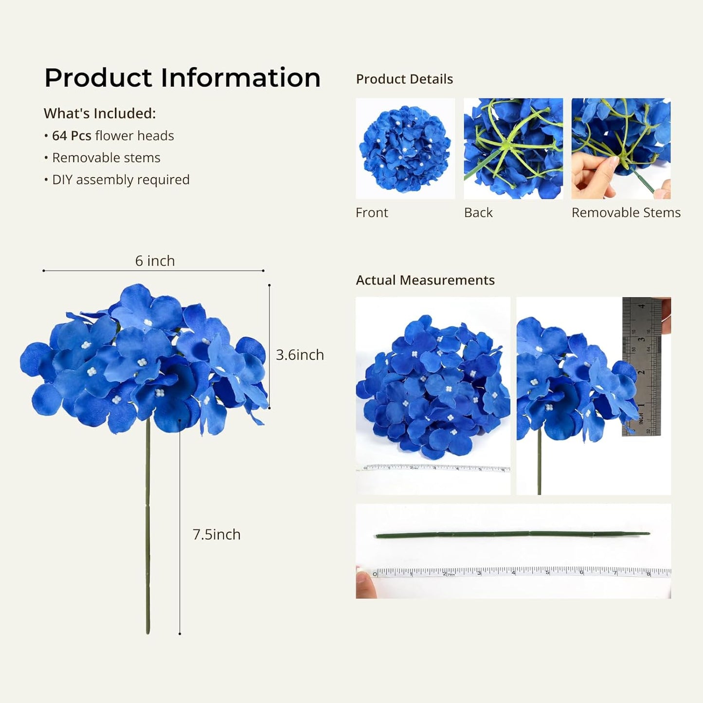 64 PCS Artificial Hydrangea Flowers, Silk Hydrangea Full Flowers Heads with Stems for Wedding Centerpieces, Home, Garden, Baby Shower, Party Decoration (Ivory)