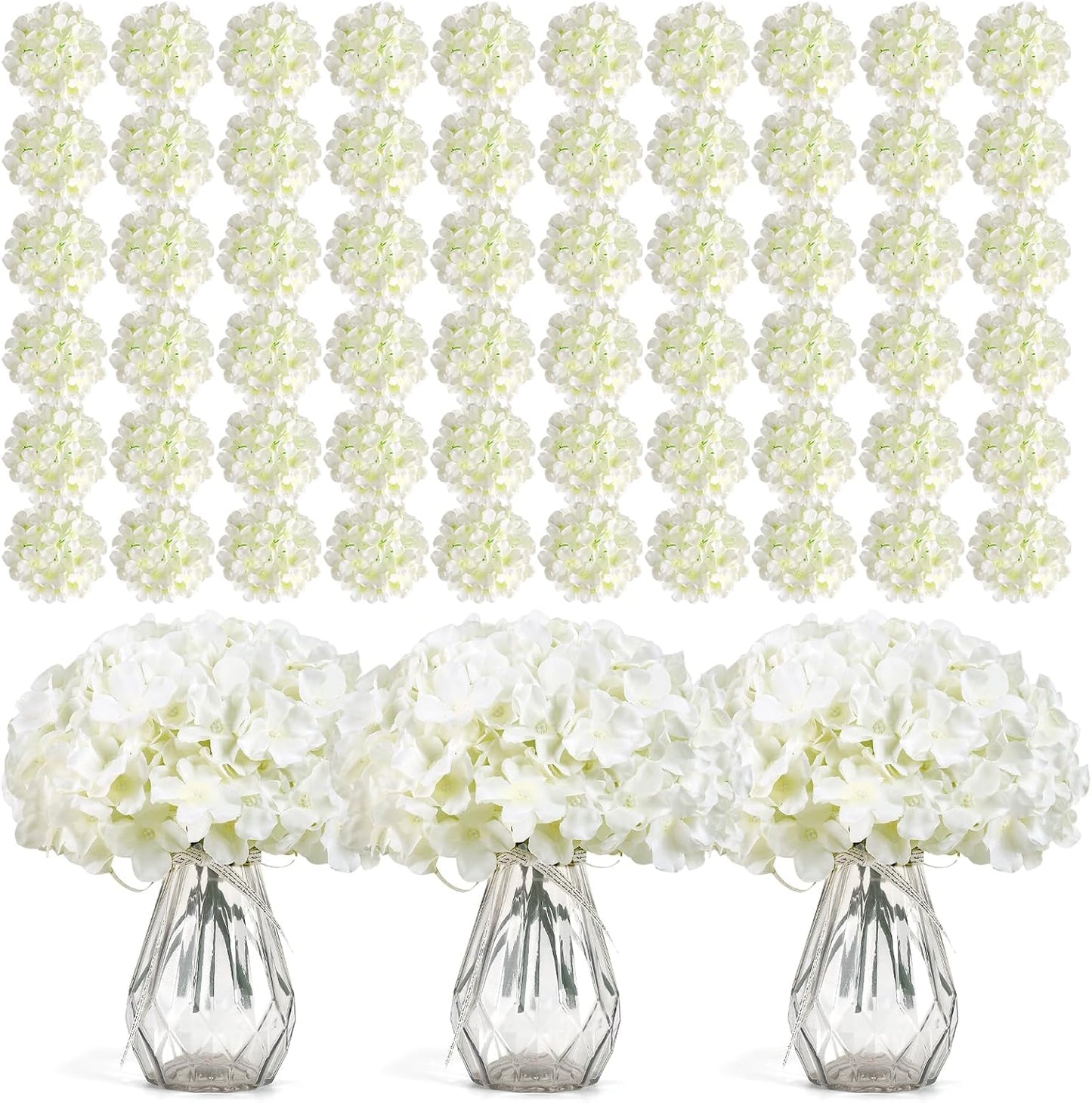 64 PCS Artificial Hydrangea Flowers, Silk Hydrangea Full Flowers Heads with Stems for Wedding Centerpieces, Home, Garden, Baby Shower, Party Decoration (Ivory)