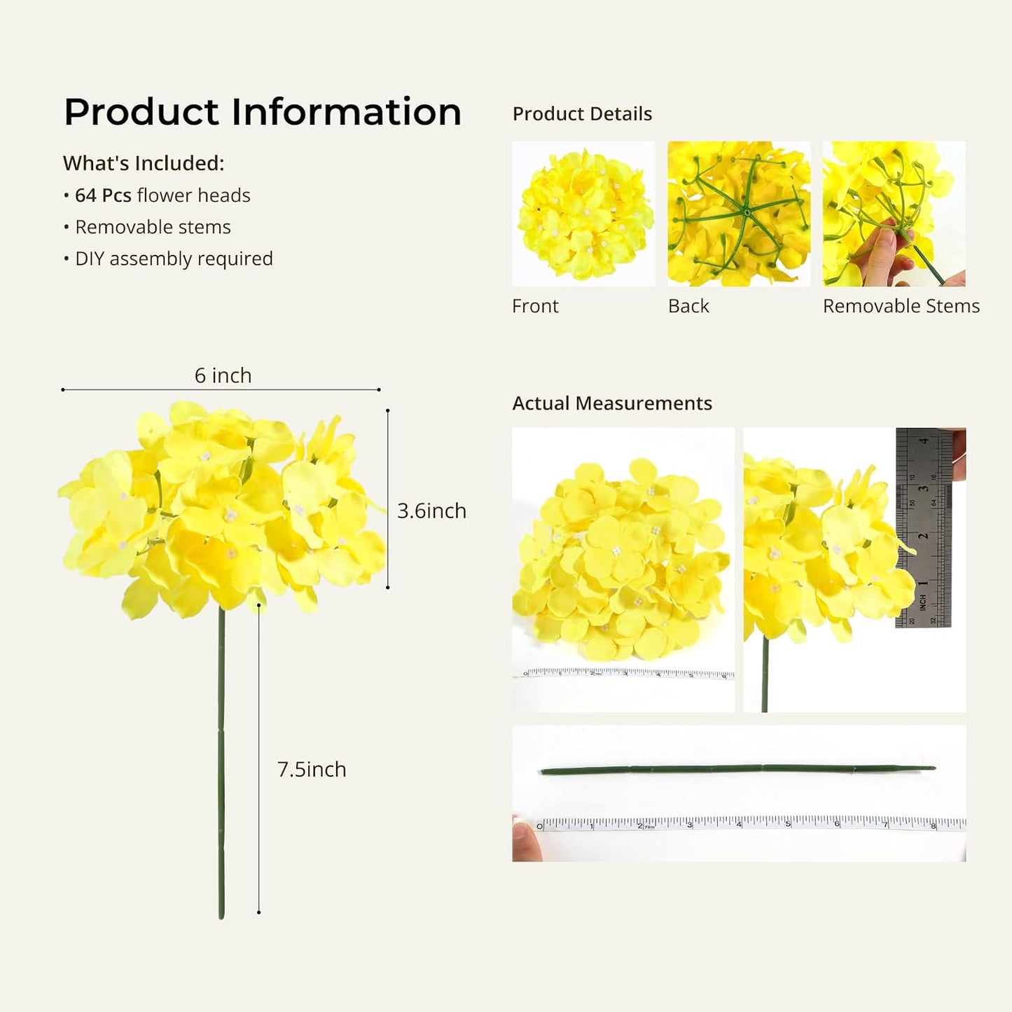64 PCS Artificial Hydrangea Flowers, Silk Hydrangea Full Flowers Heads with Stems for Wedding Centerpieces, Home, Garden, Baby Shower, Party Decoration (Ivory)