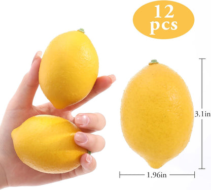 12PCS Artificial Lemons – Lifelike Fake Yellow Lemons for Kitchen Decor, Fruit Bowl, Lemonade Party, Photo Props & Summer Table Decorations – Realistic Faux Fruit for Home & Events