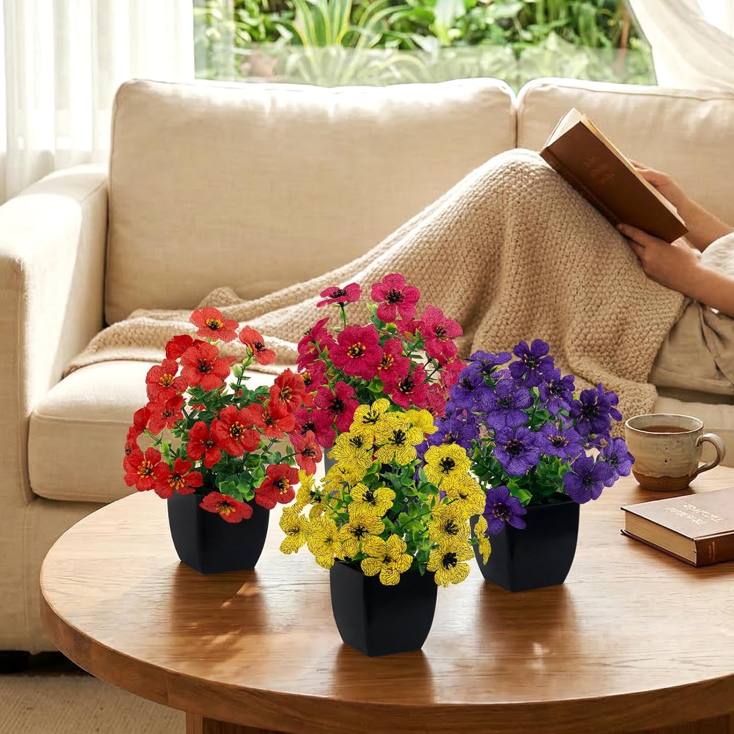 4 Pack Small Artificial Mums Flowers in White Pots, Fake Mini Potted Plants, Spring Floral Decor for Home Bathroom Shelves Office Desk Table Centerpiece Indoor Decoration