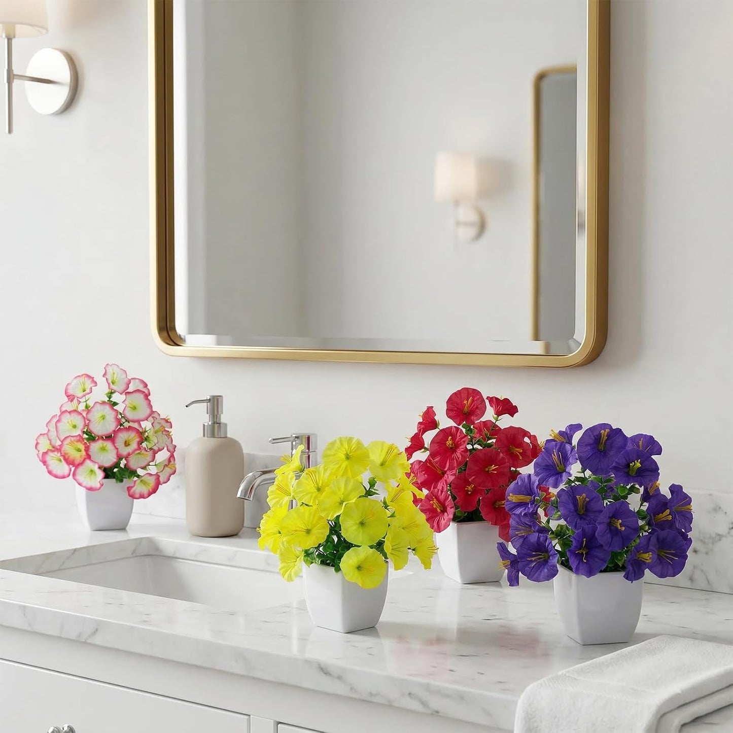 4 Pack Small Artificial Mums Flowers in White Pots, Fake Mini Potted Plants, Spring Floral Decor for Home Bathroom Shelves Office Desk Table Centerpiece Indoor Decoration