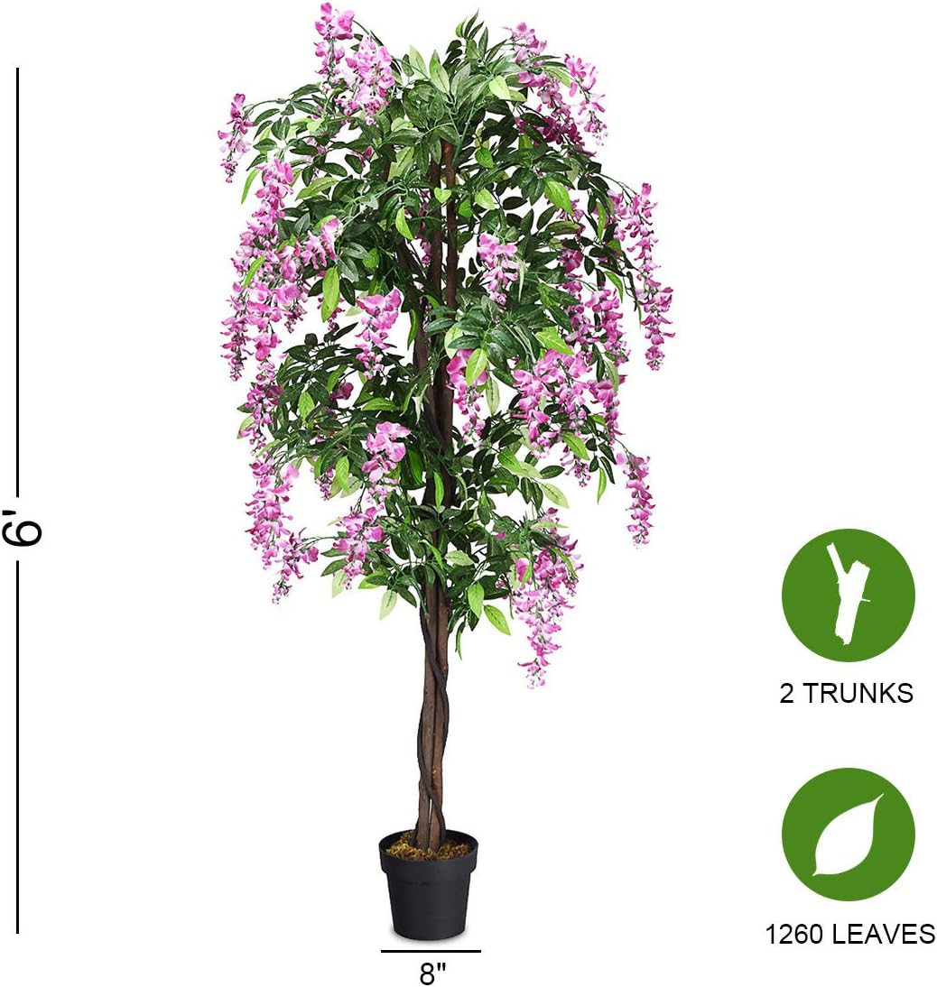 BestComfort 6ft Artificial Wisteria Tree, Green, Plastic, Polyester, Wood - No Watering or Pruning Needed