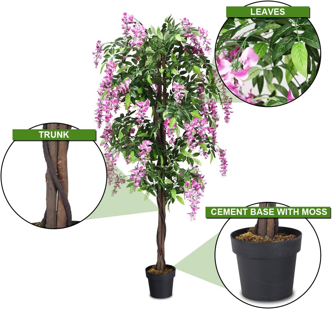 BestComfort 6ft Artificial Wisteria Tree, Green, Plastic, Polyester, Wood - No Watering or Pruning Needed